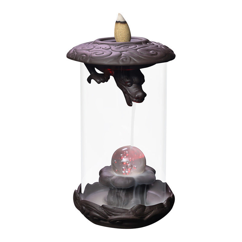 Purple Sand Backflow Incense Burner Dragon Spit Bead Glass Windproof Led Lamp Incense Burner Zen Sandalwood Home Handicraft Ornaments